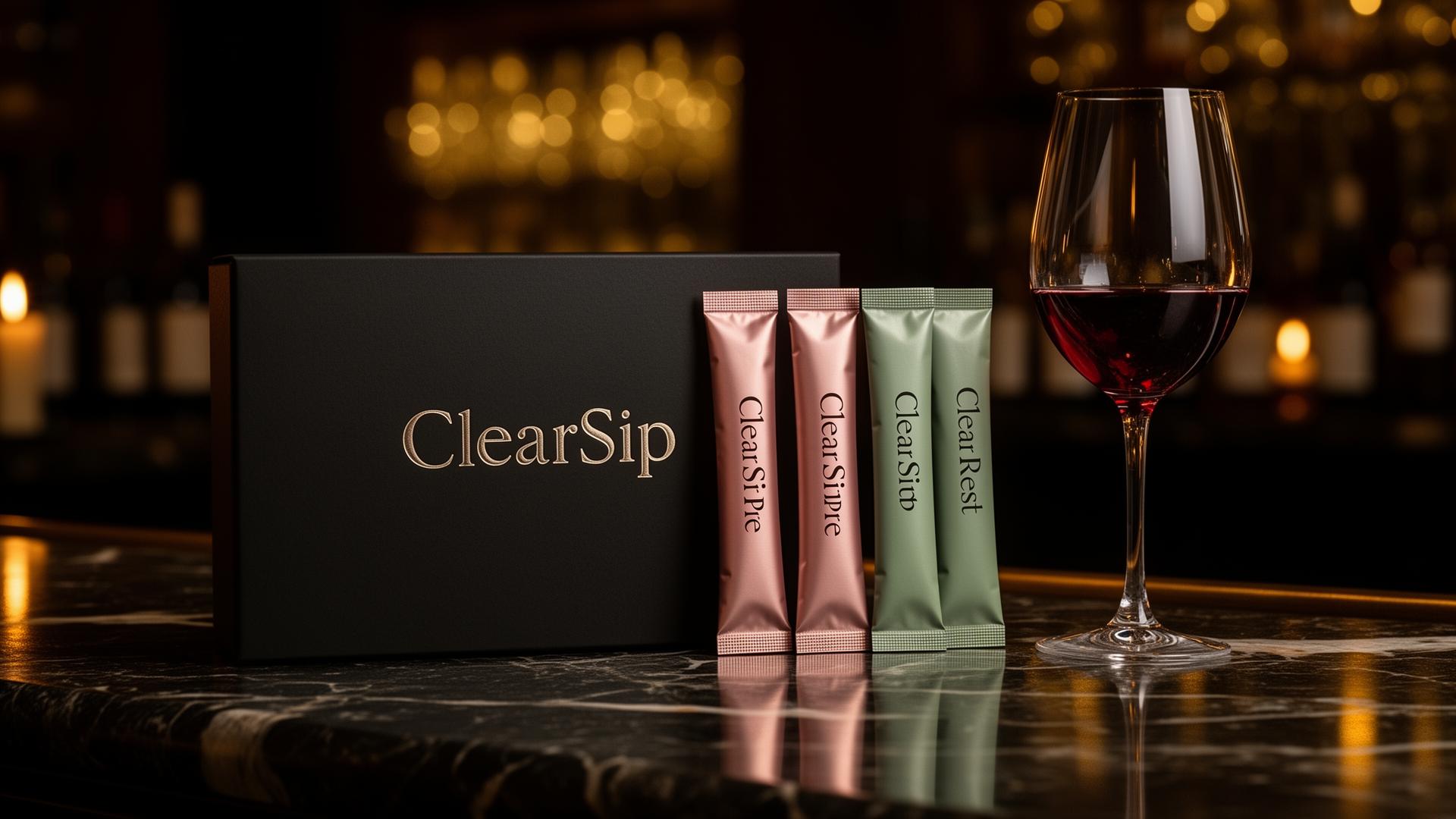 ClearSip black box with rose and sage sip pouchs beside a glass of red wine on dark marble